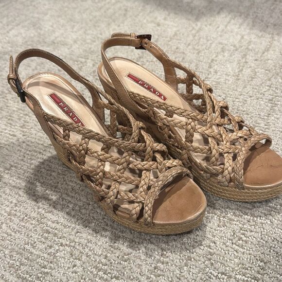 Prada Beige Braided Wedge Sandals Size 37.5 Authentic! - Picture 1 of 14